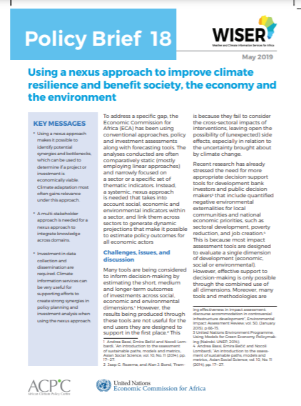 Policy brief 18 - Using a nexus approach to improve climate resilience and benefit society, the economy and the environment