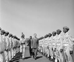 Secretary-General, Dag Hammarskjöld, inspecting the Guard of Honour at the Addis Ababa Airport, 28 December 1958, ahead of the inaugural session of the Economic Commission for Africa, which was held on 29 December 1958.