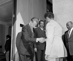 Secretary-General of the United Nations, Dag Hammarskjöld, greeting Emperor Haile Selassie I in Addis Ababa, 29 December 1958, ahead of the inaugural session of the Economic Commission for Africa. At centre back is the first ECA Executive Secretary, Mekki Abbas.