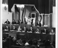 FIRST SESSION OPENS: Emperor Haile Selassie I delivering his speech to open the first session of the Economic Commission for Africa in the parliament building in Addis Ababa, 29 December 1958.