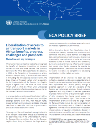 Liberalization of access to air transport markets in Africa: benefits, progress, challenges and prospects