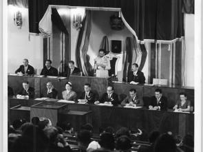 FIRST SESSION OPENS: Emperor Haile Selassie I delivering his speech to open the first session of the Economic Commission for Africa in the parliament building in Addis Ababa, 29 December 1958.