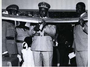 Subregional presence: Official opening of the ECA Subregional Office for Central Africa (SRO-CA), Léopoldville, Democratic Republic of the Congo on16 April 1966. Shown cutting the symbolic ribbon is President, Mobutu Sese Seko.