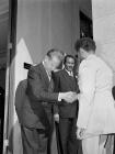 Secretary-General of the United Nations, Dag Hammarskjöld, greeting Emperor Haile Selassie I in Addis Ababa, 29 December 1958, ahead of the inaugural session of the Economic Commission for Africa. At centre back is the first ECA Executive Secretary, Mekki Abbas.